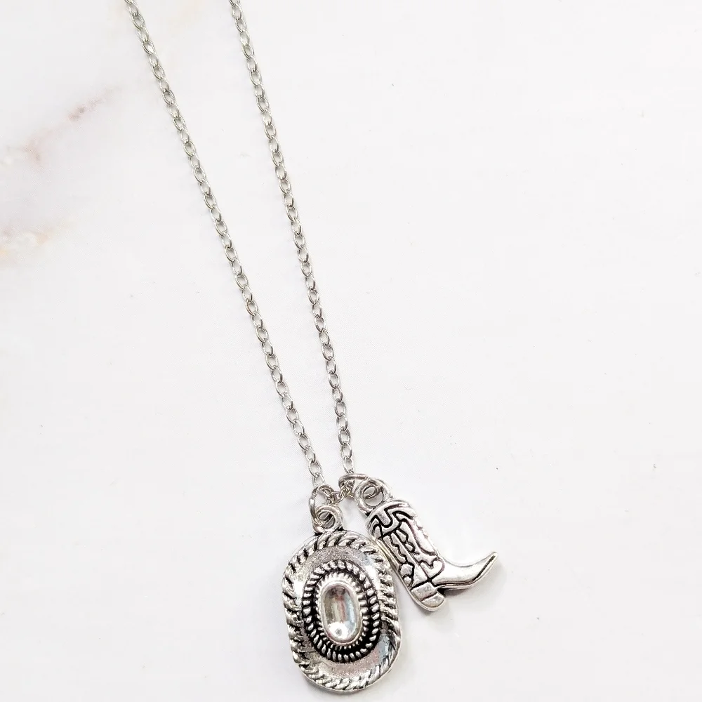 Silver Western Cowboy Hat & Boot Necklace Dainty Coastal Cowgirl Jewelry